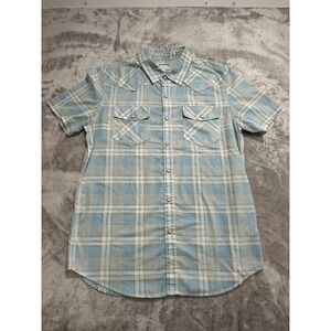 Warp & Weft Shirt‎ Men's Size Large Light Blue Plaid Short Sleeve Pearl Snap EUC